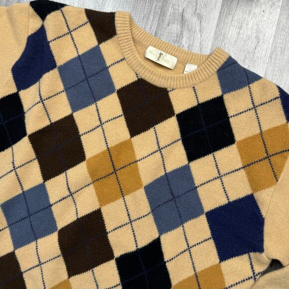 Harry Vardon 100% Wool Argyle Tan Blue Sweater Crewneck Golf Size Large - Picture 2 of 8